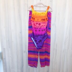VTG Kathy Ireland Swimsuit Set 10 Multicolor Sunset Palm Tree Resort Tropical